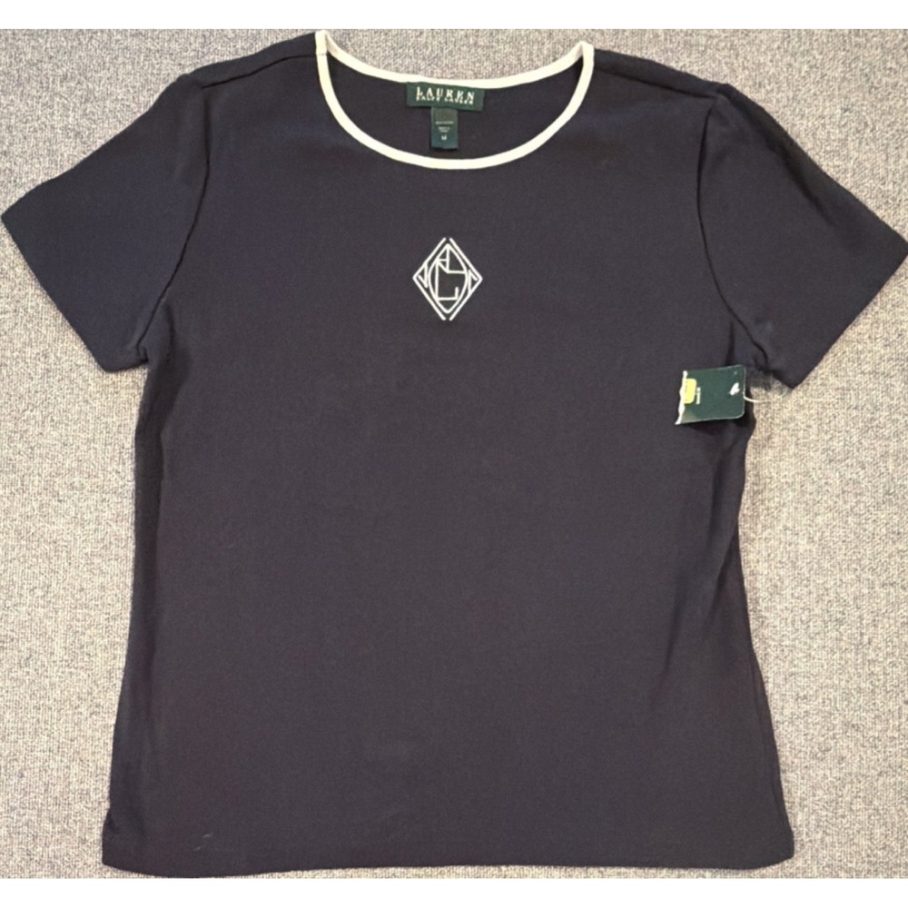 Lauren Ralph Lauren Stretch Knit Cotton Tee Embroidered Logo Navy Short Sleeve M